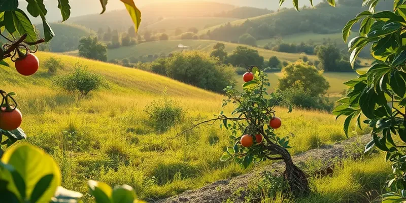 A serene landscape featuring a variety of vibrant fruits and vegetables against a backdrop of lush greenery.