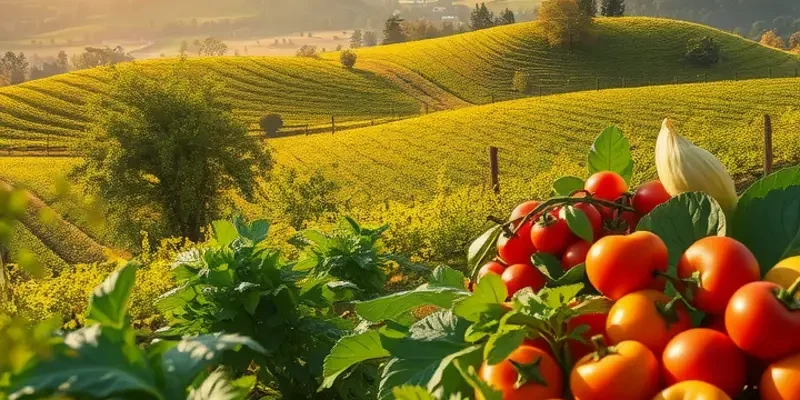 A scenic outdoor view of fresh fruits and vegetables in natural sunlight.