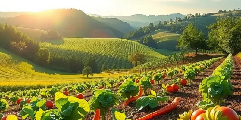 A scenic landscape depicting healthy vegetables and fruits growing naturally in a sunlit field.