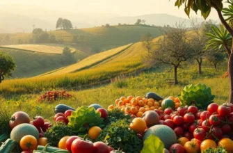 A serene landscape featuring an array of vibrant fruits and vegetables growing in a natural, lush environment.
