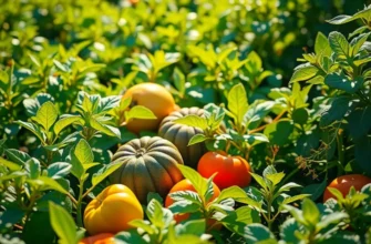 An expansive view of a sunny field filled with healthy vegetables and fruits under clear blue skies.