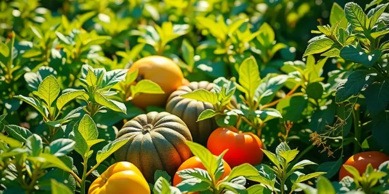 An expansive view of a sunny field filled with healthy vegetables and fruits under clear blue skies.
