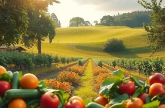 A landscape depicting a sunlit field full of organic produce, emphasizing healthy nutrition.