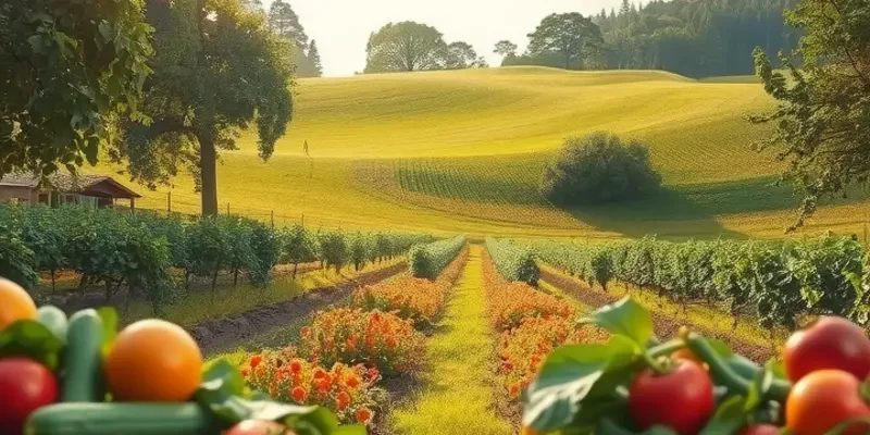 A landscape depicting a sunlit field full of organic produce, emphasizing healthy nutrition.