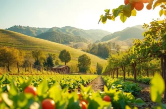 A vibrant sunlit field filled with fresh fruits and vegetables, representing healthy nutrition.