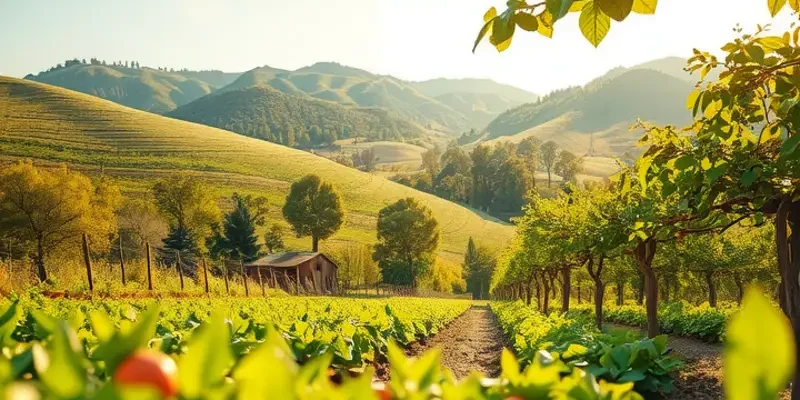 A vibrant sunlit field filled with fresh fruits and vegetables, representing healthy nutrition.