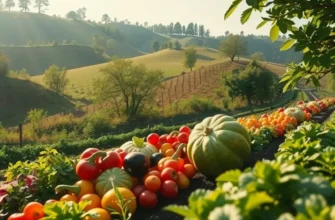 A sunlit orchard featuring a variety of healthy fruits and vegetables.