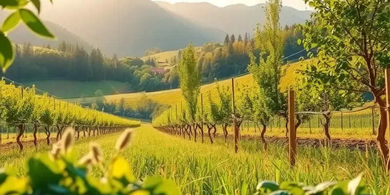 Photorealistic landscape of lush greenery with colorful fruits and vegetables in a sunlit field.