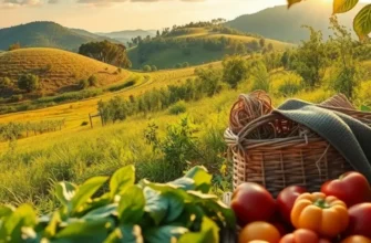 A bright orchard filled with fresh fruits and vegetables in a natural landscape