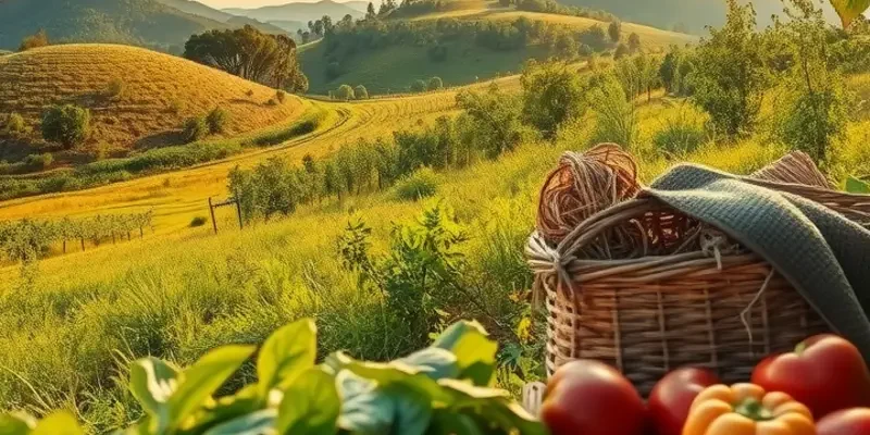 A bright orchard filled with fresh fruits and vegetables in a natural landscape