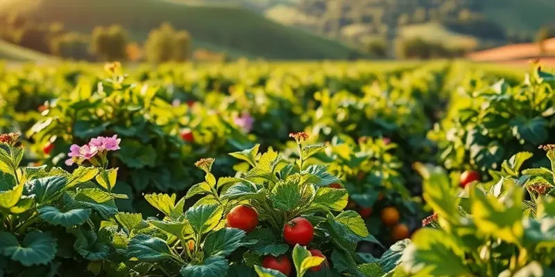 A vibrant landscape depicting an orchard rich in fruits and vegetables, symbolizing healthy nutrition.
