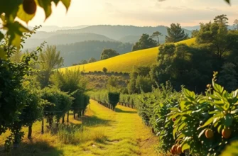 A serene landscape with an emphasis on fresh fruits and vegetables, promoting healthy eating.