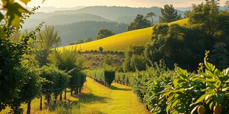 A serene landscape with an emphasis on fresh fruits and vegetables, promoting healthy eating.