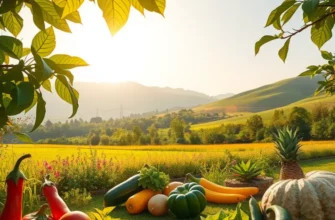 A beautiful sunlit field with a variety of fruits and vegetables growing in harmony.