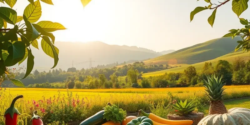 A beautiful sunlit field with a variety of fruits and vegetables growing in harmony.