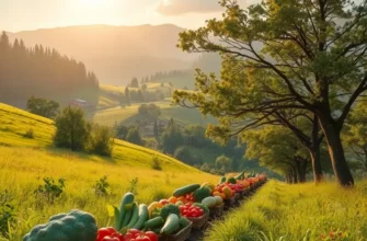 A scenic orchard with a variety of fruits and vegetables representing healthy nutrition.