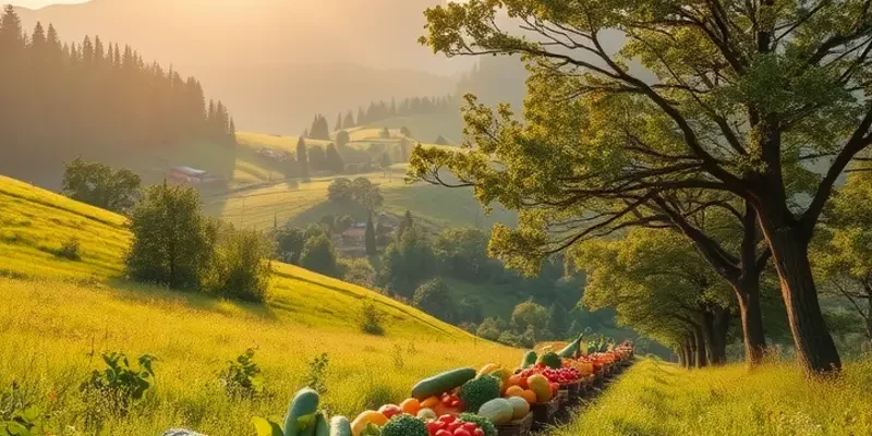 A scenic orchard with a variety of fruits and vegetables representing healthy nutrition.