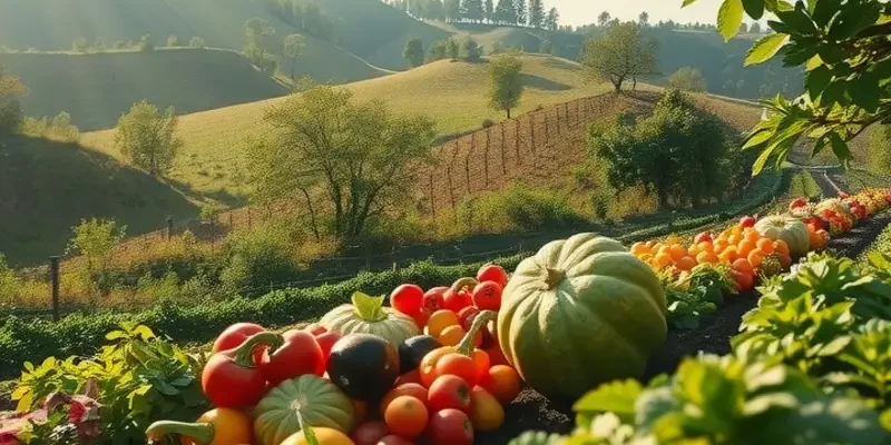 A sunlit orchard featuring a variety of healthy fruits and vegetables.