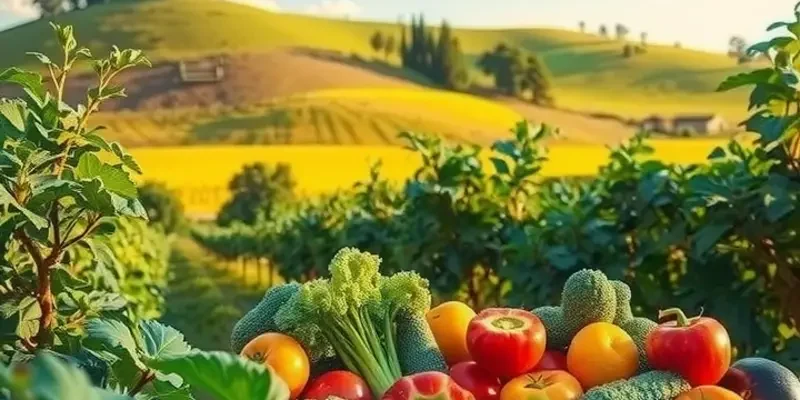 A sunlit scene with an abundance of healthy produce in a natural setting.