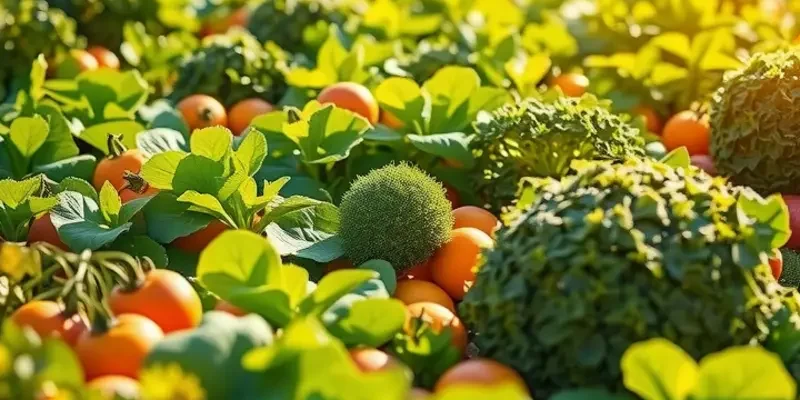 A sunlit orchard depicting a variety of organic fruits and vegetables.