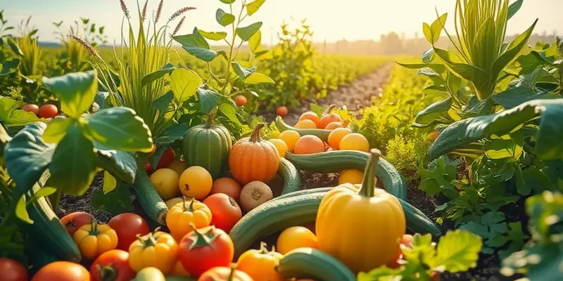 Photorealistic image of a lush orchard displaying an array of organic produce, focused on freshness and nourishment.