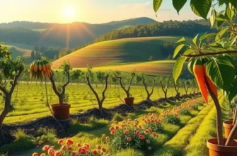 A serene landscape with lush organic fields abundant in fruits and vegetables.