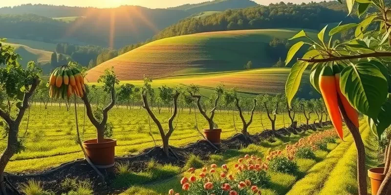 A serene landscape with lush organic fields abundant in fruits and vegetables.