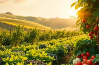 A picturesque landscape showcasing a sunlit field filled with vibrant organic fruits and vegetables.