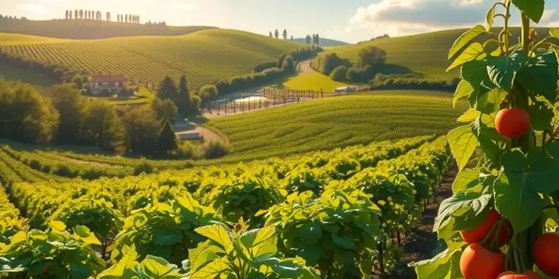 A stunning natural landscape filled with vibrant fruits and vegetables illustrating organic health.
