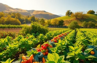 A beautiful orchard with colorful vegetables and fruits bathed in sunlight.