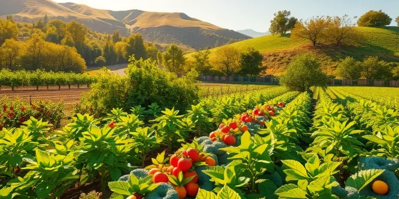 A beautiful orchard with colorful vegetables and fruits bathed in sunlight.
