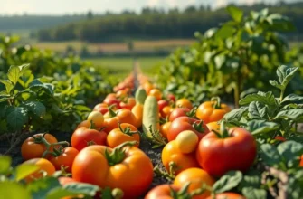 A stunning landscape depicting a lush field full of healthy organic fruits and vegetables thriving under natural light.