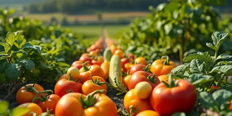 A stunning landscape depicting a lush field full of healthy organic fruits and vegetables thriving under natural light.