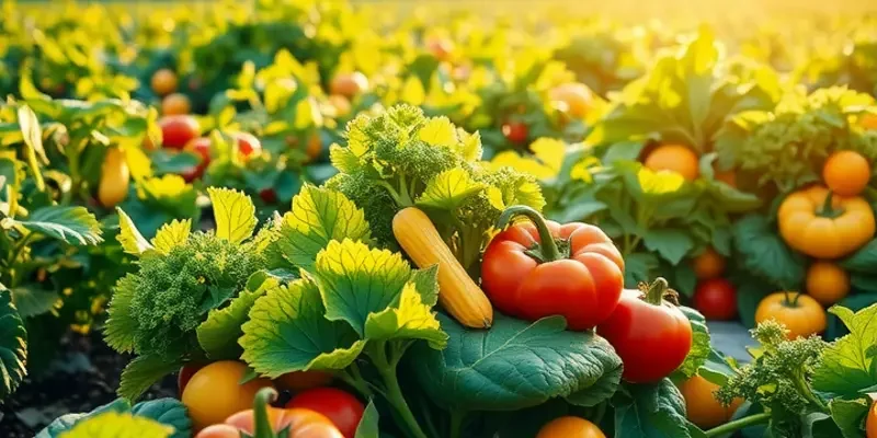 A vibrant field of organic fruits and vegetables representing healthy cooking.