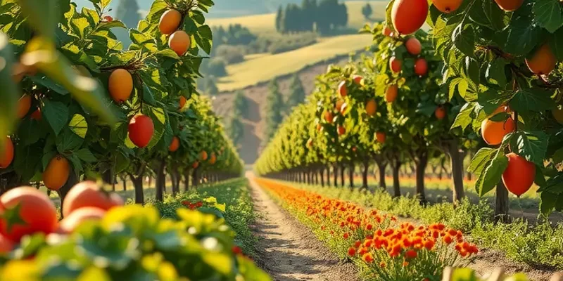 A picturesque view of vibrant vegetables and fruits in a sunlit field reflecting a commitment to healthy eating.