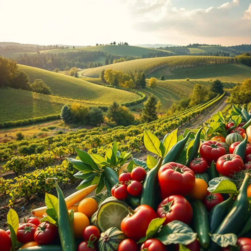 A sunlit orchard filled with vibrant fruits and vegetables, symbolizing the abundance of healthy nutrition.