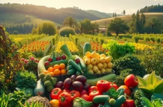 A vibrant landscape filled with fresh vegetables and fruits in a sunlit field.