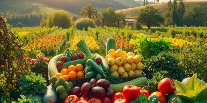 A vibrant landscape filled with fresh vegetables and fruits in a sunlit field.