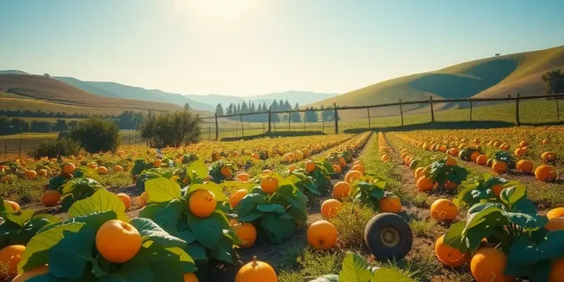 A vibrant sunlit field filled with fresh organic vegetables and fruits.