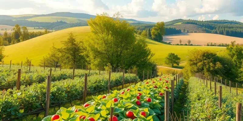 An organic landscape filled with vibrant vegetables and fruits under soft lighting