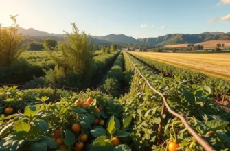 A picturesque landscape showcasing an array of organic fruits and vegetables in a natural setting.