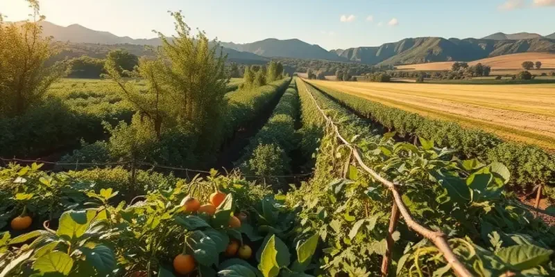 A picturesque landscape showcasing an array of organic fruits and vegetables in a natural setting.