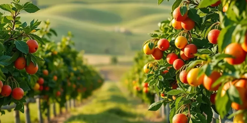 A lush landscape showcasing an array of organic fruits and vegetables growing in a sunlit environment, symbolizing healthy nutrition.