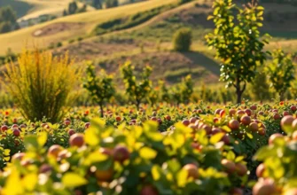 A scenic landscape filled with vibrant, fresh organic produce amidst lush greenery.