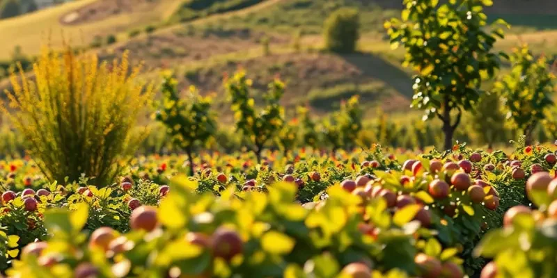 A scenic landscape filled with vibrant, fresh organic produce amidst lush greenery.