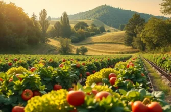 A photorealistic landscape highlighting healthy, organic fruits and vegetables growing in a natural setting.