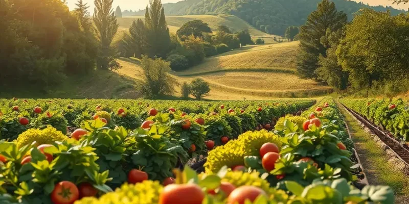 A photorealistic landscape highlighting healthy, organic fruits and vegetables growing in a natural setting.