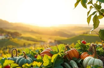 A sunlit natural landscape showcasing a vibrant array of fruits and vegetables in a healthy, organic environment.