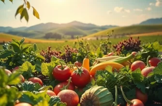A bright landscape displaying an abundance of fresh organic vegetables and fruits.