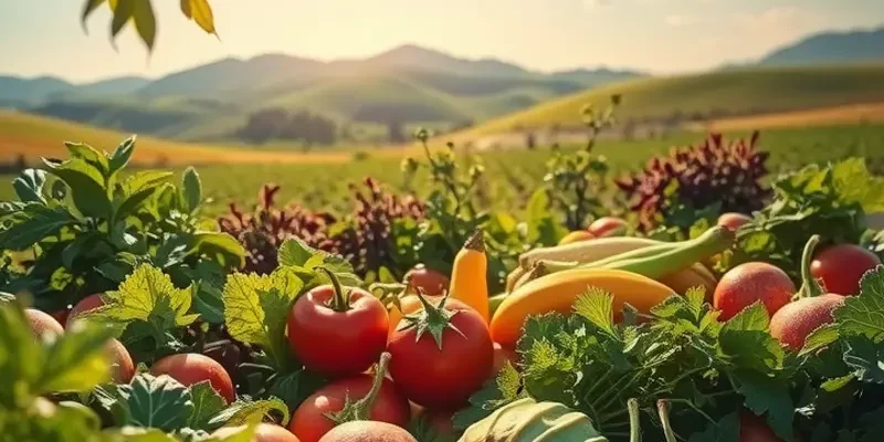 A bright landscape displaying an abundance of fresh organic vegetables and fruits.